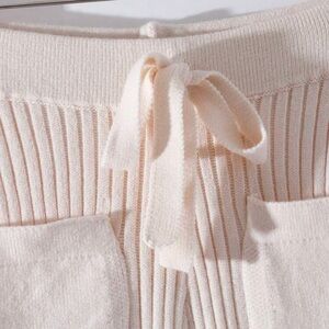 Cream Ribbed Knit Pants with Bow Tie